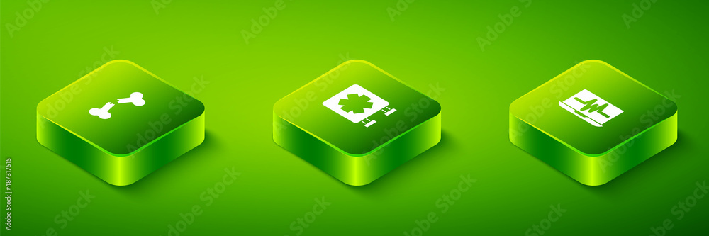 Set Isometric Medical symbol of the Emergency, Laptop with cardiogram and Human broken bone icon. Vector Set Isometric Medical symbol of the Emergency, Laptop with cardiogram and Human broken bone icon. Vector