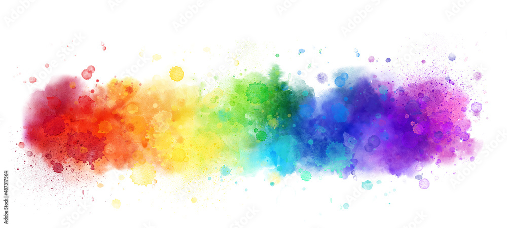 Rainbow watercolor banner background on white. Pure vibrant watercolor colors. Creative paint gradients, splashes and stains. Abstract
