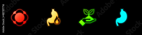 Set Molecule, Stomach heartburn, Plant in hand and Human stomach icon. Vector