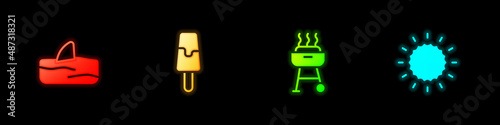 Set Shark fin in ocean wave, Ice cream, Barbecue grill and Sun icon. Vector