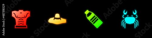 Set Bodybuilder muscle, Elegant women hat, Bottle of water and Crab icon. Vector