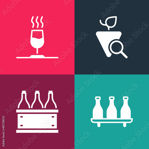 Set pop art Bottle of wine, Bottles box, Grapes and Wine tasting, degustation icon. Vector