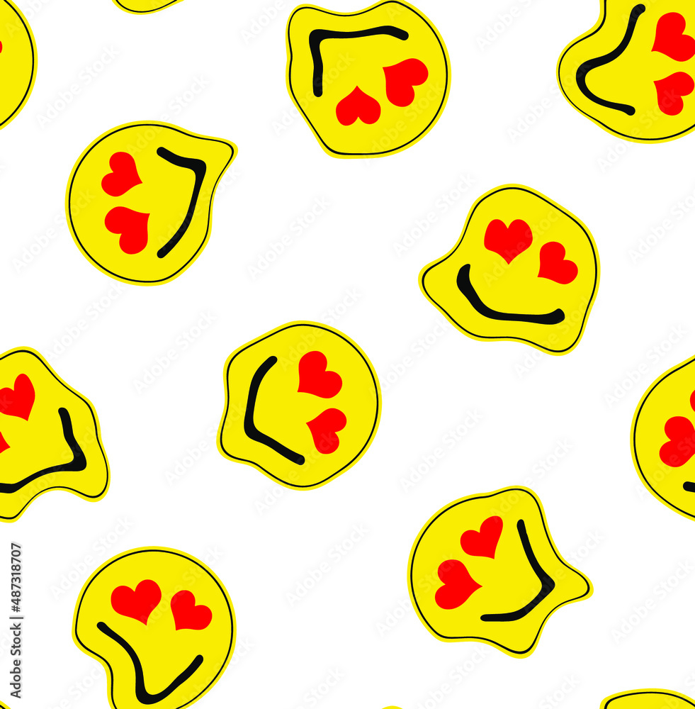 Abstract Hand Drawing Melted Liquify Yellow Smile Icons with Heart Eyes Seamless Vector Pattern Isolated Background