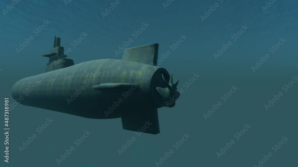 A close-up view of an unmarked military submarine in murky waters - loopable. A close-up view of an unmarked military submarine in murky waters - loopable.