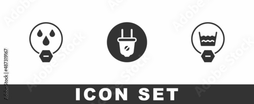 Set Water drop forbidden, Electric plug and Delicate wash icon. Vector