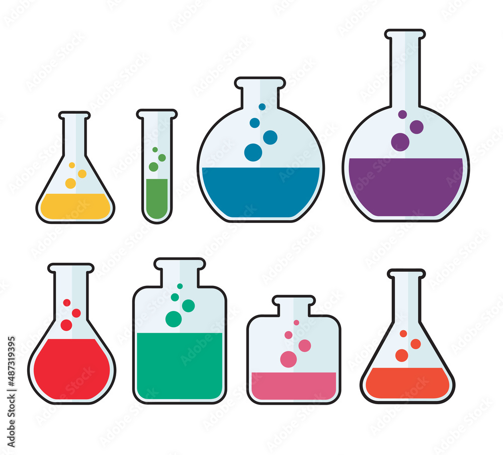 set of laboratory filled with liquid. chemistry flasks set of laboratory filled with liquid. chemistry flasks