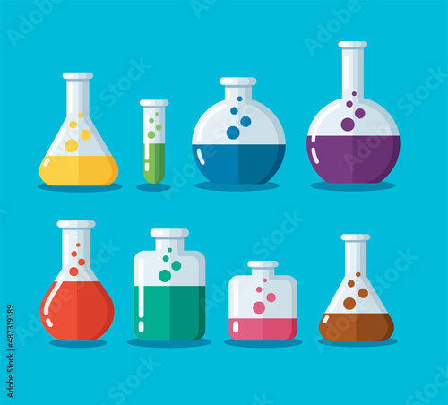 set of laboratory filled with liquid. chemistry flasks