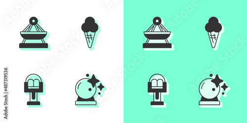 Set Magic ball, Boat swing, Attraction carousel and Ice cream waffle cone icon. Vector