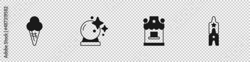 Set Ice cream in waffle cone, Magic ball, Ticket box office and Circus ticket icon. Vector