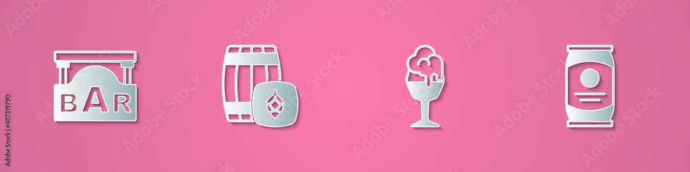 Set paper cut Street signboard with Bar, Wooden barrel, Glass of beer and Beer can icon. Paper art style. Vector Set paper cut Street signboard with Bar, Wooden barrel, Glass of beer and Beer can icon. Paper art style. Vector