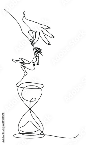 continuous drawing the hand releases the female silhouette in the hourglass. The concept of the psychology of time.