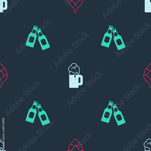 Set Hop, Wooden beer mug and Beer bottle on seamless pattern. Vector