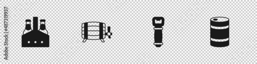Set Pack of beer bottles, Wooden barrel, Bottle opener and Metal keg icon. Vector