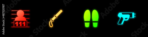 Set Suspect criminal, Police rubber baton, Footsteps and electric shocker icon. Vector