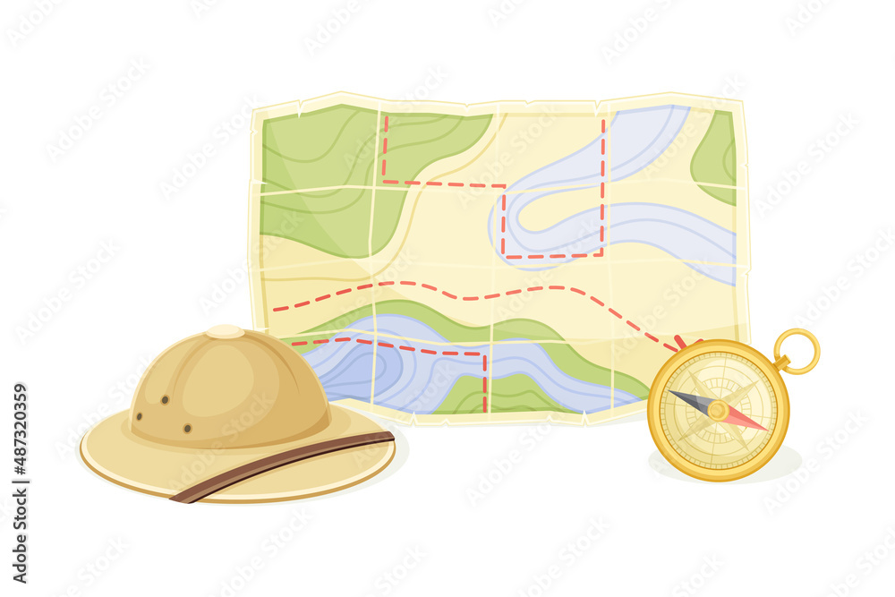Expedition Map Depicting Geography and Route of Tourist Journey with Compass and Hat Vector Illustration Expedition Map Depicting Geography and Route of Tourist Journey with Compass and Hat Vector Illustration
