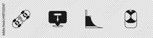 Set Broken skateboard, Skateboard T tool, park and Baseball cap icon. Vector
