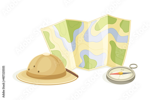 Expedition Map Depicting Geography and Route of Tourist Journey with Compass and Hat Vector Illustration