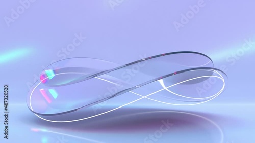 Glass abstract geometric composition with dispersion light. Dynamic shape with round curved plates or clear disks and glowing ring on purple background. Refraction effect of rays, 3d render animation