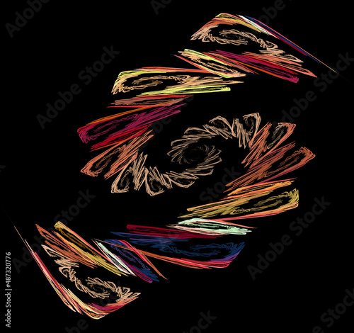 Colorful lines fold into spirals that form a swirl on a black background. Abstract fractal background. Graphic design element. 3d rendering. 3d illustration. photo