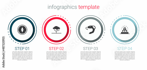 Set Compass, African tree, Snake and Chichen Itza in Mayan. Business infographic template. Vector
