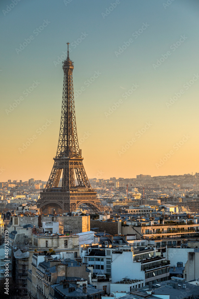Paris, France - February 9, 2022: Eiffel Tower as seen from Arc de Triomphe roof in Paris