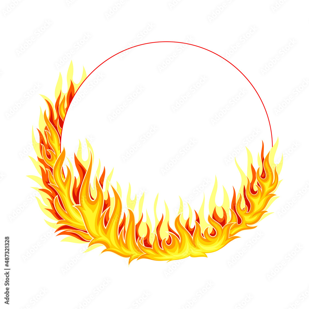 Fire Round Frame with Hot Burning Tongue of Flame and Border Line Vector Illustration