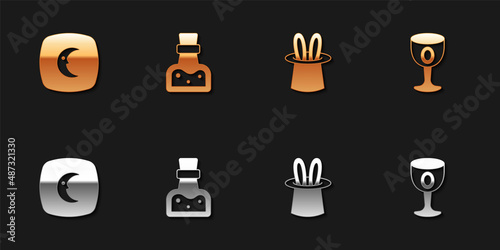Set Moon and stars, Bottle with potion, Magician hat rabbit ears and Medieval goblet icon. Vector