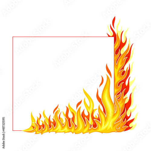 Fire Square Frame with Hot Burning Tongue of Flame and Border Line Vector Illustration