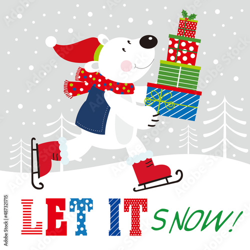 christmas card with polar bear and gifts