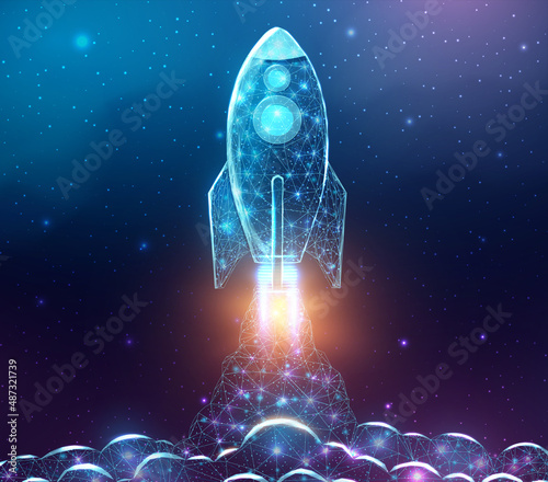 Rocket launch, wireframe polygonal style. Internet technology network, business startup concept with glowing low poly rocket. Futuristic modern abstract background. Vector illustration