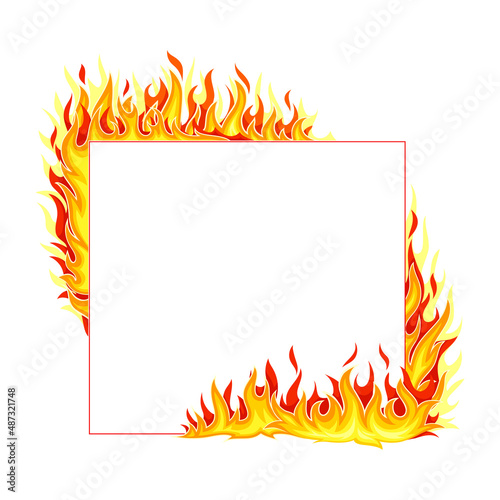 Fire Square Frame with Hot Burning Tongue of Flame and Border Line Vector Illustration