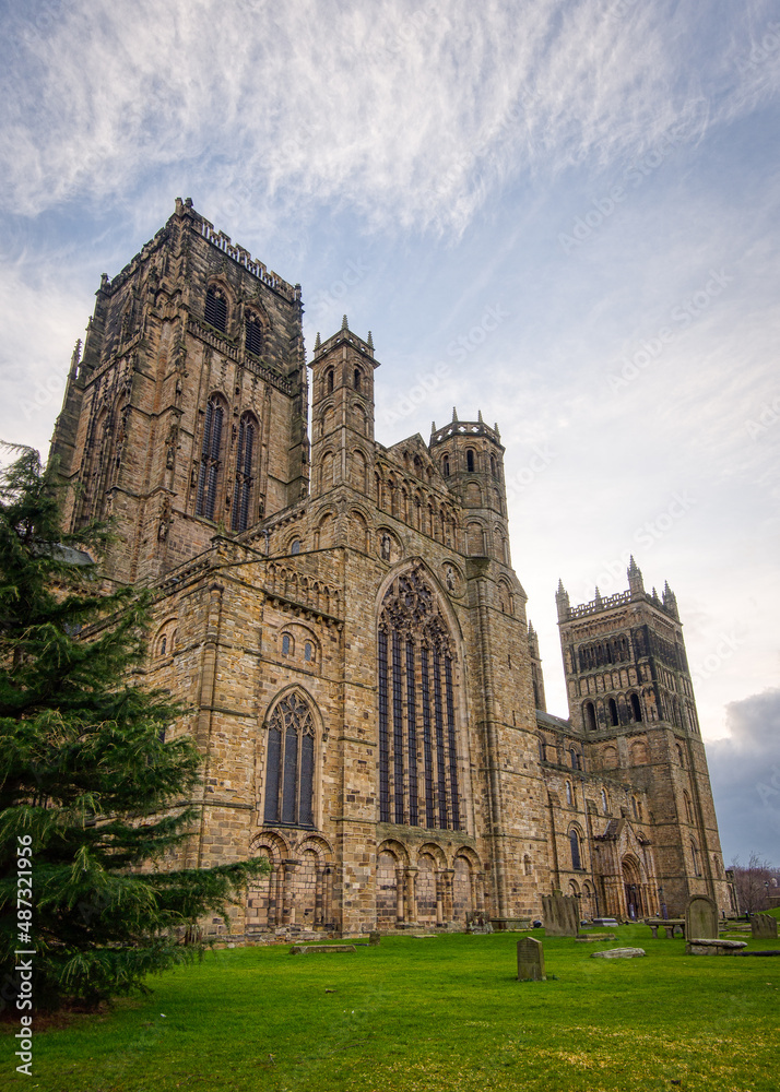 A portrait format view of the historic landmark Durham Cathedral A portrait format view of the historic landmark Durham Cathedral