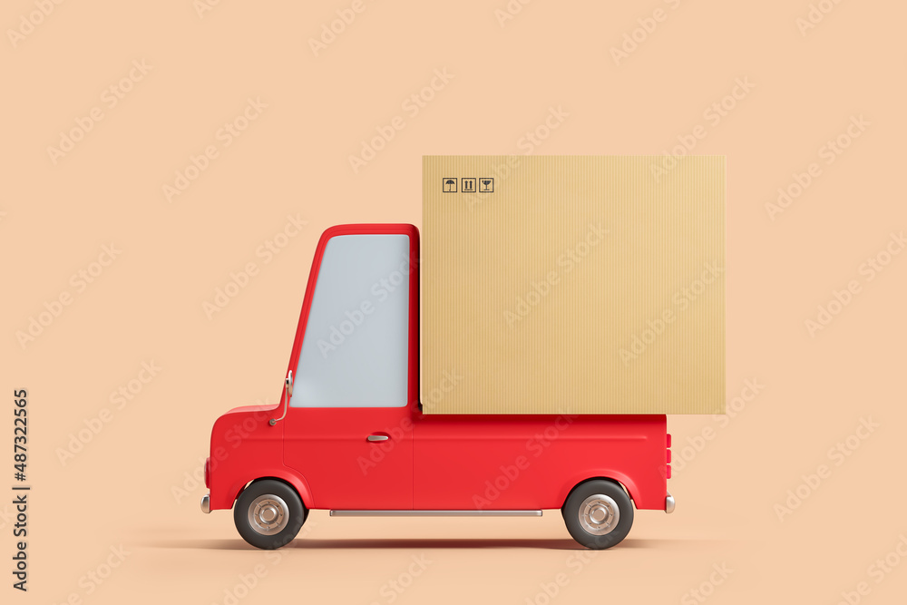 Red fast delivery van with cardboard box. The concept of moving home or office, urban logistics. 3d rendering Red fast delivery van with cardboard box. The concept of moving home or office, urban logistics. 3d rendering