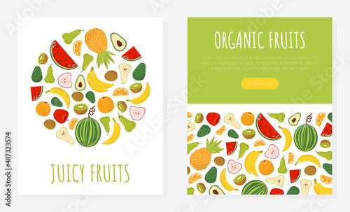 Juicy fruits card template. Organic fresh fruit assortment of shop, online store landing page, mobile app design vector illustration