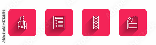 Set line Car mechanic, inspection, tire wheel and Canister for motor machine oil with long shadow. Red square button. Vector