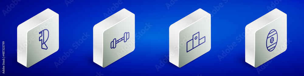 Set Isometric line Fencing helmet mask, Dumbbell, Award over sports winner podium and American Football ball icon. Vector