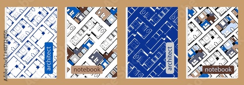 Architect notebook. Cover template for planning diary. Apartment floor plan. Set А4 pages with technical plan house. Vector.