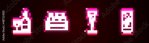 Set line Wine bottle with glass, Bottles of wine wooden box, Glass champagne and Effervescent tablets water. Glowing neon icon. Vector