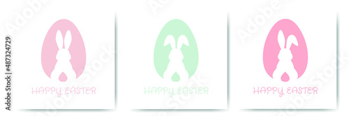 Set Happy Easter card with egg and bunny silhouette in pastel colors. Cute greeting card or poster. Vector illustration in a flat minimalist style.
