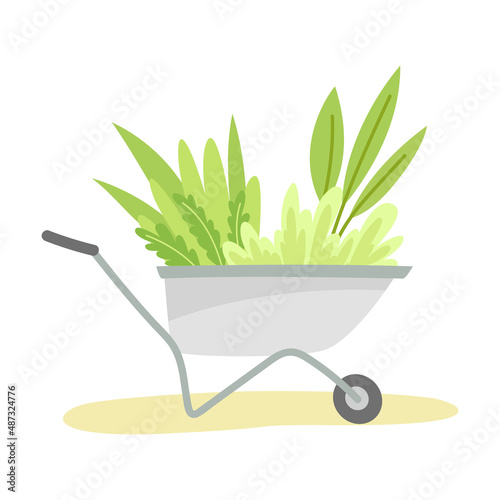 Gardening with Wheelbarrow and Green Herbs as Plant Cultivation and Agriculture Vector Illustration