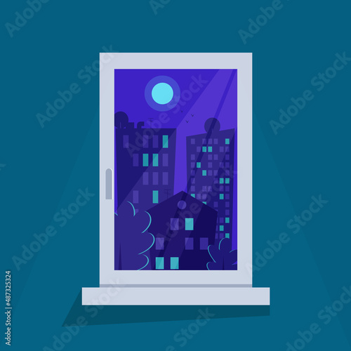 Flat illustration of room window. View from the window on the night city. Urban landscape. Conceptual view of city buildings.