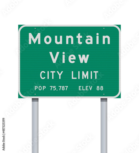 Vector illustration of the Mountain View City Limit green road sign on metallic posts