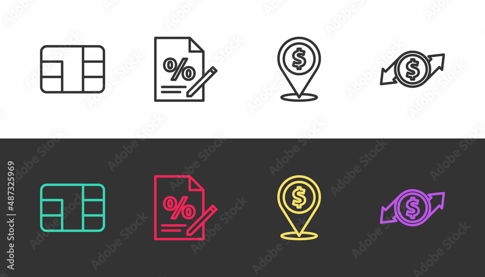 Set line Credit card with chip, Finance document, Cash location and Financial growth and dollar on black and white. Vector Set line Credit card with chip, Finance document, Cash location and Financial growth and dollar on black and white. Vector