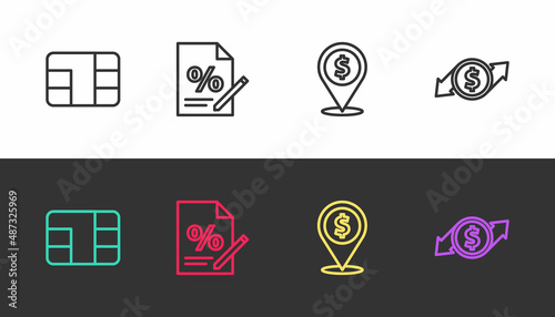 Set line Credit card with chip, Finance document, Cash location and Financial growth and dollar on black and white. Vector
