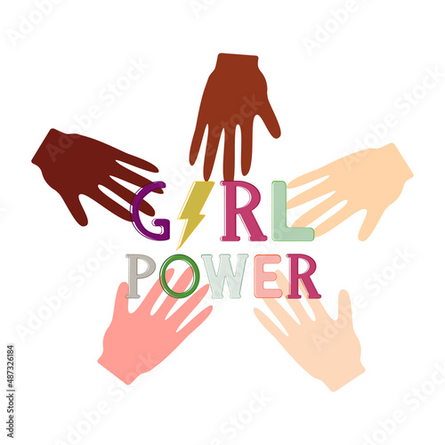 Feminism slogan girl power and lightning. Letters with thunderbolt. Motivational phrase. Feminist quote with colorful hands. No to rasism concept. Colorful outline. Multicolor. Logo t-shirt print.