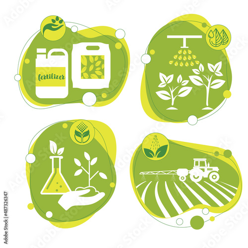 Fertilizer in a bag and canister, tractor fertilizes the soil in the field, irrigation of plants, chemical and organic fertilizers. Vector set of agricultural illustrations