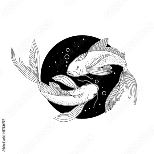 Fantastic celestial fish swimming in space. Vector esoteric illustration.