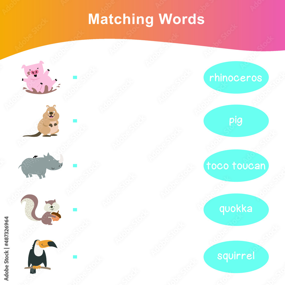 Matching words game animals’ edition. Matching words game for kids. Educational printable game cards. Animals collections. Preschool Education. Vector illustration. Matching words game animals’ edition. Matching words game for kids. Educational printable game cards. Animals collections. Preschool Education. Vector illustration.