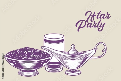 hand drawn of iftar party ramadan kareem elements as islamic ornaments with traditional Arabic dishes isolated on light purple background.