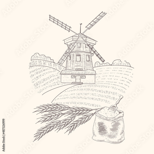 An old wooden mill in the village fields, ears of wheat, a bag of grain. Vintage farm landscape in engraved style.